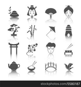 Japanese culture icons set of bonsai tree origami sushi and tea ceremony isolated vector illustration