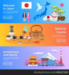 Japanese Culture Landmarks Flat Banners Set. Japanese national cuisine architecture traditions and nature for travelers 3 flat banners webpage design isolated vector illustration