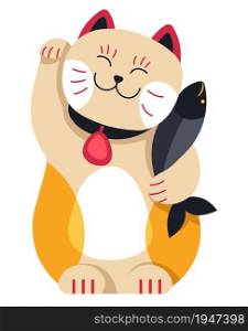 Japanese culture mascot or talisman bringing luck and wealth. Smiling waving cat with fish, maneki neko. Oriental traditions and beliefs. Statuette of kitty symbol of richness. Vector in flat style. Maneki neko waving cat japanese mascot talisman