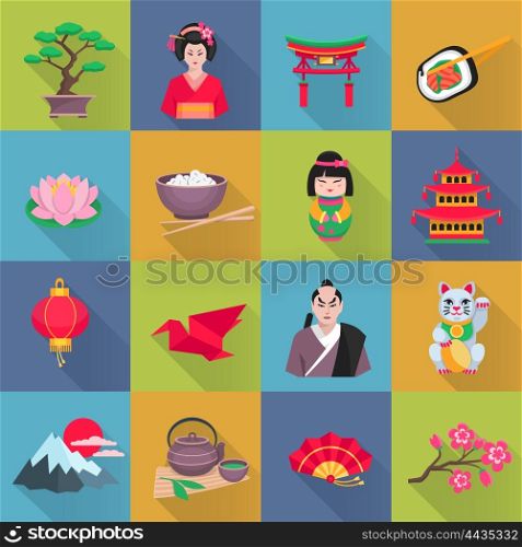 Japanese Culture Symbols Flat Icons Set. Japanese culture flat icons collection with lotus flower red lantern and bonsai shadow abstract isolated vector illustration