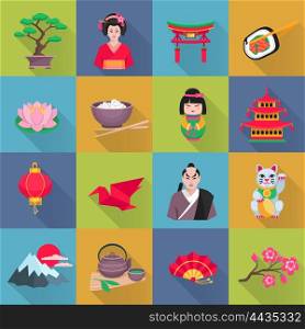 Japanese Culture Symbols Flat Icons Set. Japanese culture flat icons collection with lotus flower red lantern and bonsai shadow abstract isolated vector illustration