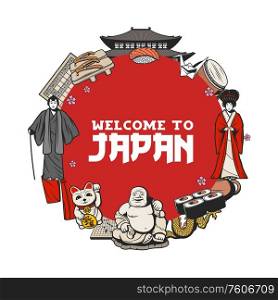 Japanese culture, traditions, food and travel landmarks. Geisha and samurai, sushi and tea ceremony, Japanese origami and Go game, Budai buddha and kitty.Welcome to Japan vector poster. Japanese culture, tradition, food and landmarks