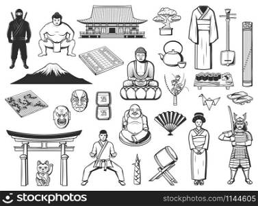 Japanese culture, travel and food sketches. Vector sushi, pagoda temple and lantern of Japan, Asian geisha, bonsai tree and origami, tea set, bamboo and paper fan, fuji mountain and torii gate. Japan pagoda, geisha, sushi, Asian lantern icons