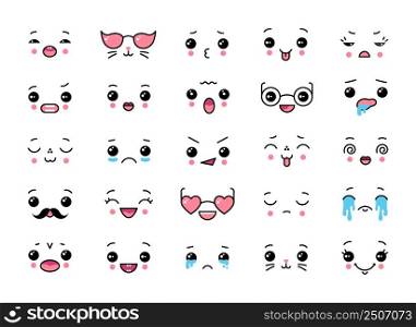 Japanese cute emotion. Kawaii faces. Cartoon sweet comic wonderful characters. Doodle emoticon with eye and mouth. Facial expressions. Anime crying or cheerful emoji. Winking kitty. Vector smileys set. Japanese cute emotion. Kawaii faces. Cartoon sweet comic wonderful characters. Doodle emoticon with eye and mouth. Facial expressions. Anime crying or cheerful emoji. Vector smileys set