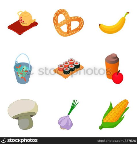 Japanese diet icons set. Cartoon set of 9 japanese diet vector icons for web isolated on white background. Japanese diet icons set, cartoon style