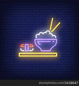 Japanese dishes with sushi and rice neon sign. Food, restaurant, Japanese cuisine. Advertisement design. Night bright neon sign, colorful billboard, light banner. Vector illustration in neon style.