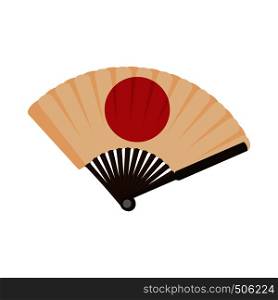 Japanese fan icon isolated on white background in cartoon style. Wooden fan with a red circle. Japanese fan icon, cartoon style