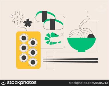Japanese food abstract concept vector illustration. Oriental cuisine, japanese sushi takeout, gourmet food market, traditional asian restaurant menu, takeaway, chopsticks eating abstract metaphor.. Japanese food abstract concept vector illustration.