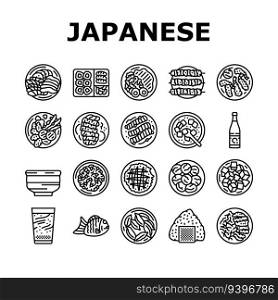 japanese food asian meal icons set vector. traditional japan, sushi asia, cuisine healthy, delicious gourmet, fish restaurant japanese food asian meal black contour illustrations. japanese food asian meal icons set vector