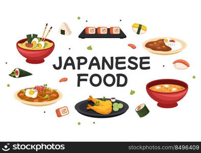 Japanese Food Cartoon Illustration with Various Delicious Dishes in the Restaurant such as Sushi on a Plate, Sashimi Roll and Other in Flat Style