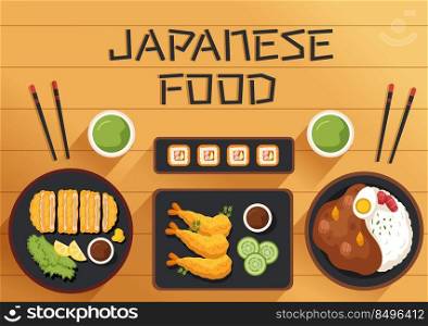 Japanese Food Cartoon Illustration with Various Delicious Dishes in the Restaurant such as Sushi on a Plate, Sashimi Roll and Other in Flat Style