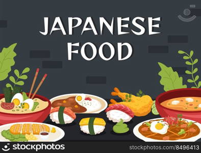 Japanese Food Cartoon Illustration with Various Delicious Dishes in the Restaurant such as Sushi on a Plate, Sashimi Roll and Other in Flat Style