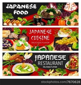 Japanese food cuisine dishes menu and meals, Japan Asian restaurant banners. Japanese cuisine udon noodles with chicken, shrimp seafood and vegetables, gourmet food fried onion and daikon salad. Japanese food cuisine, dishes menu meals banners