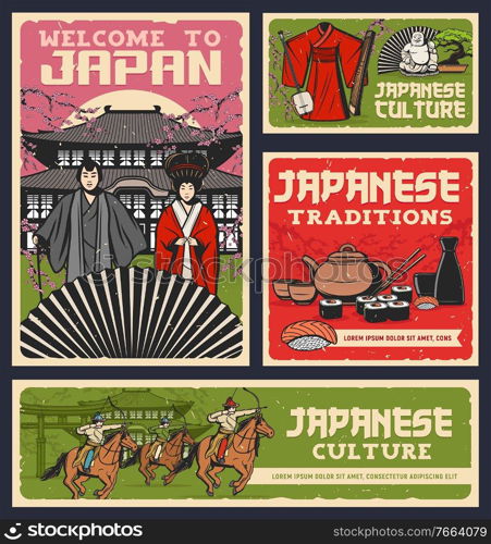 Japanese food, culture and religion traditions vector design of sushi rolls, geisha and samurai with kimono and fan. Pagoda, sakura, sake and tea set, bonsai, torii gate and yabusame archery. Japanese food, culture and religion traditions