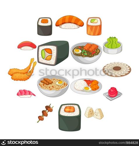 Japanese food icons set. Cartoon illustration of 16 japanese food vector icons for web. Japanese food icons set, cartoon style