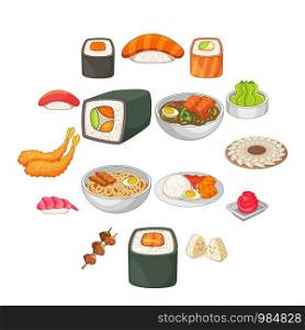 Japanese food icons set. Cartoon illustration of 16 japanese food vector icons for web. Japanese food icons set, cartoon style