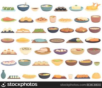 Japanese food icons set cartoon vector. Japan tempura. Asian mochi. Japanese food icons set cartoon vector. Japan tempura
