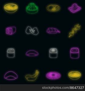 Japanese food icons set. Illustration of 16 japanese food vector icons neon color on black. Japanese food icons set vector neon