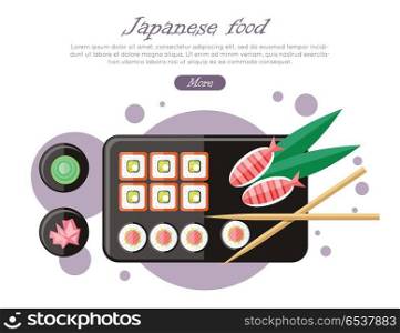 Japanese Food Illustration in Flat Style. Vector. Japanese food illustration in flat style. Japan sushi with wasabi and ginger. Restaurant asian food, rice and seafood, fish sushi, asia dinner, fresh sushi and chopstick, oriental lunch logo. Vector