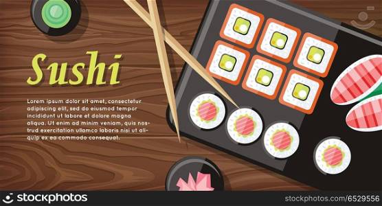 Japanese Food Illustration web Banner. Japan Sushi. Japanese food illustration web banner. Japan sushi with wasabi and ginger. Restaurant asian food, rice and seafood, fish sushi, asia dinner, fresh sushi and chopstick, oriental lunch logo. Vector