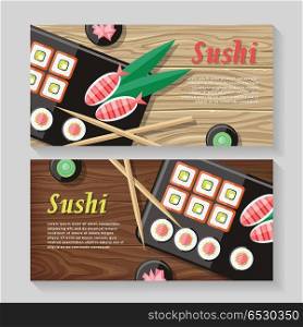 Japanese Food Illustration web Banner. Japan Sushi. Japanese food illustration web banner. Japan sushi with wasabi and ginger. Restaurant asian food, rice and seafood, fish sushi, asia dinner, fresh sushi and chopstick, oriental lunch logo. Vector