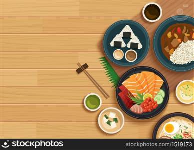 japanese food on top view wooden background.