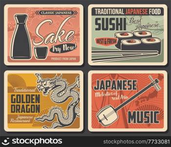 Japanese food restaurant and music retro banners. Sake rise wine ceramic bottle and cup, maki sushi rolls and chopsticks, dragon and shamisen musical instrument vector. Japan culture vintage posters. Japanese food restaurant and music retro banners