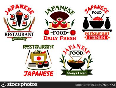Japanese food restaurant emblems. Sushi, rolls, seafood wok, salmon, sashimi, wasabi, steamed rice, bamboo chopsticks, tea, soy sauce. Oriental cuisine label for menu card signboard leaflet flyer. Japanese food restaurant emblems