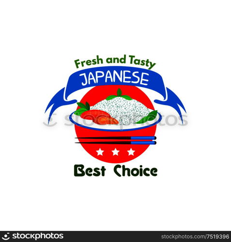 Japanese food restaurant icon. Stylized emblem of japan flag, steamed rice plate, seafood sashimi, chopsticks, stars, red ribbon, spicy chili pepper. Oriental cuisine poster for eatery menu, signboard, poster, leaflet, flyer. Japanese food. Fresh and tasty. Restaurant icon