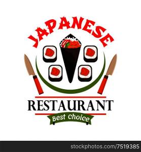 Japanese food restaurant icon. Sushi, spring rolls, knives. Oriental cuisine label for bar, eatery menu. Advertising sticker for door signboard, poster, leaflet, flyer. Japanese food restaurant icon. Best Choice label