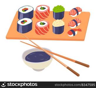 Japanese food served on wooden plate, sushi and rolls with wasabi, red fish and rice, seaweed nori and avocado. Soy sauce for dipping food, dish with chopsticks. Vector in flat style illustration. Sushi and rolls with soy sauce, japanese food