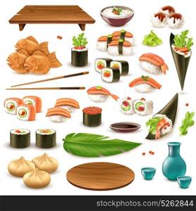 Japanese Food Set. Set of japanese food including sushi, sake, rice in bowl, dumplings, wasabi, soy sauce isolated vector illustration