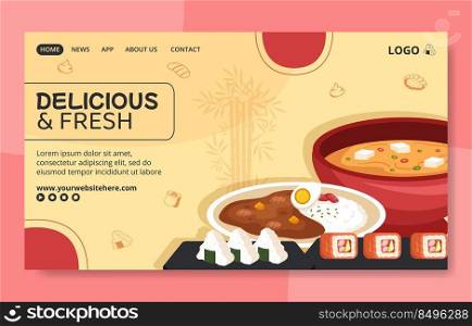 Japanese Food Social Media Landing Page Template Flat Cartoon Background Vector Illustration