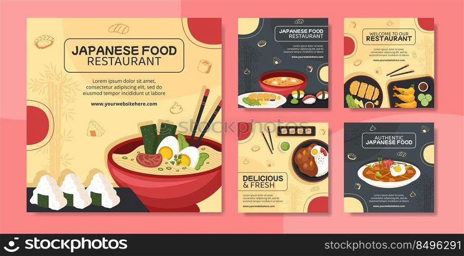 Japanese Food Social Media Post Template Flat Cartoon Background Vector Illustration
