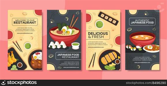 Japanese Food Social Media Stories Template Flat Cartoon Background Vector Illustration