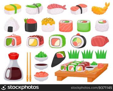 Japanese food sushi, onigiri, salmon sashimi and sauces. Cartoon shrimp tempura, asian chopsticks, soy sauce, wasabi and ginger vector set. Oriental traditional cuisine isolated assortment