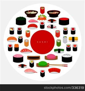 Japanese food sushi poster. Sushi around red circle on white background. Vector illustration. Japanese food sushi poster