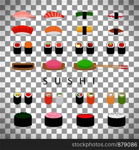 Japanese food sushi set, sushi flat icons vector isolated on transparent background. Japanese food sushi set