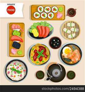 Japanese Food Top View Set. Japanese Food Vector Illustration. Japanese Food Cartoon Symbols. Japanese Food Design Set.  Japanese Food Isolated Set.. Japanese Food Top View Set