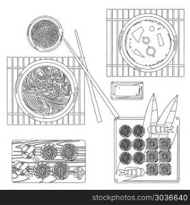 Japanese food vector contour drawing in black and white. Japanese food vector contour drawing in black and white. Restaurant traditional food sketch illustration