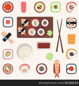 Japanese food vector illustration set. Japanese food vector illustration set. Shrimp and east fish salmon design