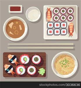 Japanese food vector illustration set. Japanese food vector illustration set. Shrimp and soup dinner on plate