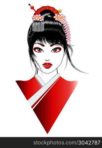 Japanese girl hairstyle. Cartoon oriental girl with black hair, asian hairstyle.