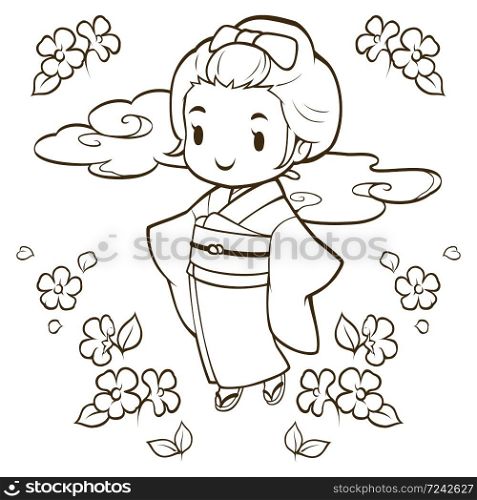 Japanese girls wearing kimono, cloud and flower frame doodle vector, Outline stroke, No color, Cute character cartoon, Suitable for sticker and Children's coloring book.