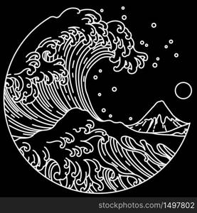 Japanese great wave line art in round shape illustration. Isolated on black background. Editable stroke.Ocean of Kanagawa.
