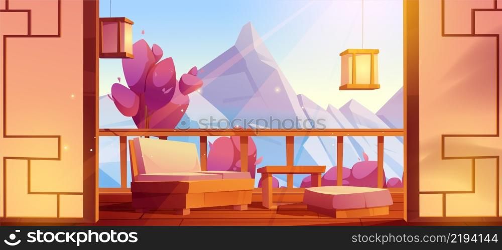 Japanese house terrace, wooden balcony with table, couch and view to mountains and sakura trees. Vector cartoon illustration of veranda with fence, asian lanterns and paper walls. Japanese house terrace with table and couch