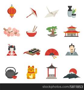 Japanese icons flat set with lantern umbrella crane isolated vector illustration. Japanese Icons Flat Set