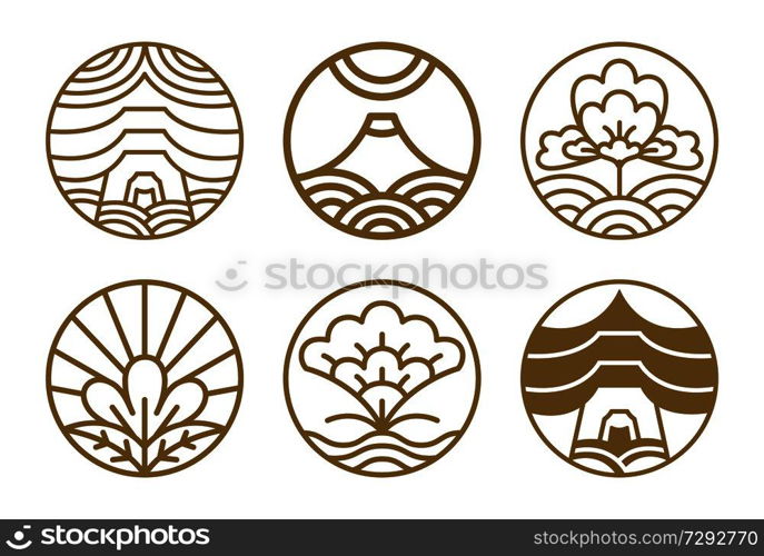 Japanese icons set flowers in blossom, images of traditional objects, floral patterns, mountain and lines, vector illustration isolated on white. Japanese Icons Set Flowers Vector Illustration