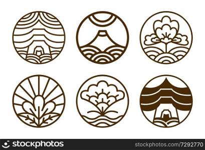 Japanese icons set flowers in blossom, images of traditional objects, floral patterns, mountain and lines, vector illustration isolated on white. Japanese Icons Set Flowers Vector Illustration