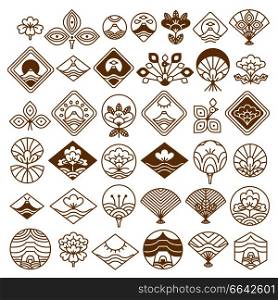 Japanese icons set with rhombus-shaped pictures of fan, lotus flower, sea and sun natural phenomenons. Vector Illustration with doodles isolated on white background. Fan and Lotus Fancy Icons Vector Illustration Set